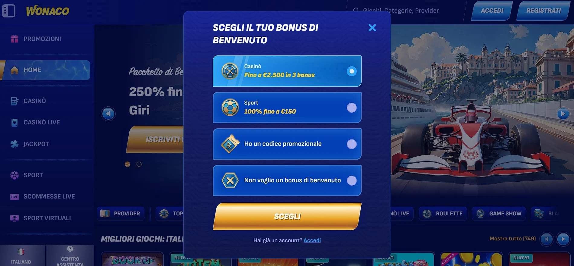Scelta del pacchetto di benvenuto su Wonaco Casino in Italia